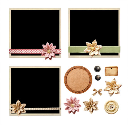 Romantic scrapbooking set with retro photo frame, felt flower, linen bow, button. Nostalgic scrapbooking collection with vintage photo and fabric flowers. Mockup template. Isolated on white backgroundの写真素材