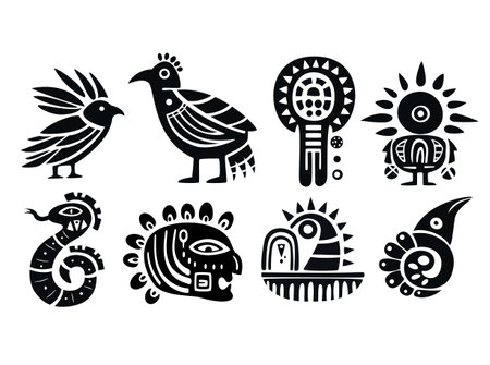 Set of ethnic ornament with animal, bird, human figures. Tribal art with african tribal motifs. Vector illustration EPS8のイラスト素材