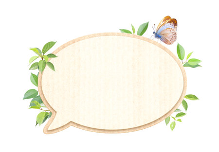Green leaves and empty comic speech bubble from recycled carton material. Sustainable development of strategy approach to zero waste, responsible consumption. Eco-friendly concept. Isolated on whiteの写真素材