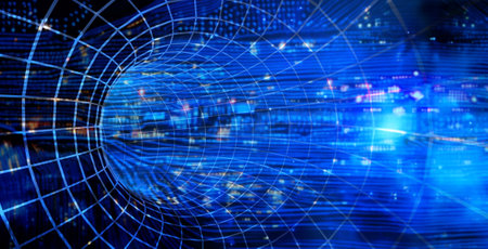 Horizontal futuristic background with mesh tunnel and abstract circuit board. Global communication, cyber technology and networking concept. 3d renderの写真素材