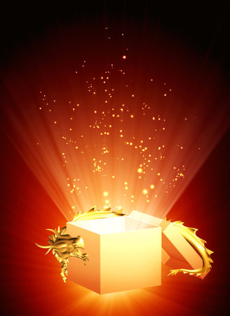Chinese New year background with golden dragon and empty magic box on red background with sparkles and snowflakes. Vertical Lunar New year backdrop with asian dragon and gift box. 3d renderの写真素材