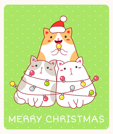 Merry Christmas card with three funny fat cats wrapped xmas garland. Vertical Christmas card with lovely cat. Vector illustration EPS8のイラスト素材