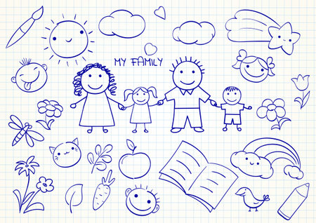 My family. Set of cute hand drawn sketches. Collection of funny sketch on notebook page - mom, dad, son and daughter. Love, parenthood, childhood and relationship concept. Vector illustration EPS8のイラスト素材