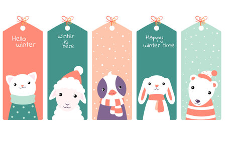 Set of eye-catching Christmas card, banner, background, flyer, placard in naive hand-drawn style. Collection of gift tag, label or poster template with cute animals. Vector illustration EPS8のイラスト素材