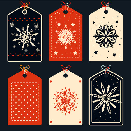Set of eye-catching Christmas card, banner, background, flyer, placard with snowflakes. Collection of gift tag, label or poster template with in red, black and ivory colors. Vector illustration EPS8のイラスト素材