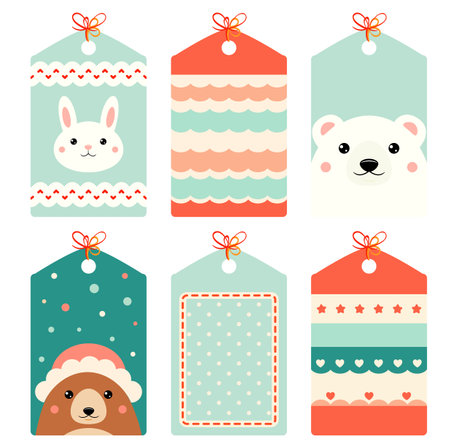 Set of eye-catching Christmas card, banner, background, flyer, placard in naive hand-drawn style. Collection of gift tag, label or poster template with cute animals. Vector illustration EPS8のイラスト素材