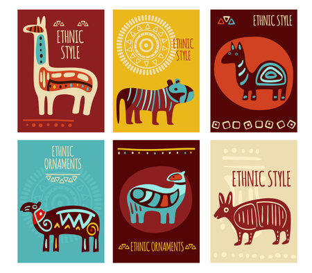 Set of eye-catching ethnic banner, background, flyer, placard with tribal ornaments of red, yellow, blue and brown colors. Vertical vector poster, template card, sticker with geometric patterns and animals. EPS8のイラスト素材