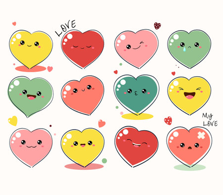 Cute Valentine heart in kawaii style. Collection of heart-shaped emoticons with different mood. Set of cute funny hearts with emoji faces in different expressions. Vector illustration EPS8のイラスト素材