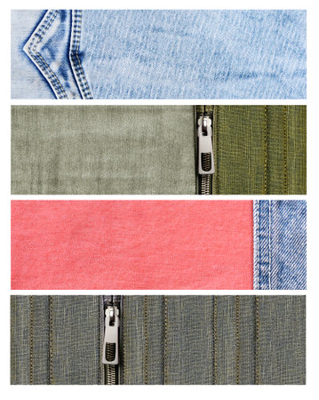 Set of horizontal banners with denim jeans fabric texture of blue, gray, coral and Khaki colors. Dark green, grey and light green denim background with zipper. Copy space for textの写真素材