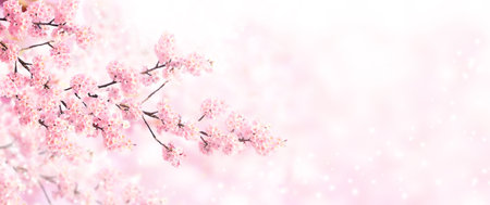 Horizontal banner with sakura flowers of pink color on sunny backdrop. Beautiful nature spring background with a branch of blooming sakura. Copy space for textの写真素材