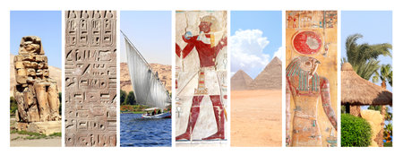 Collection of vertical banners with famous landmarks of Egypt - Great Pyramids in Giza, Colossi of Memnon in Valley of Kings, Luxor, Colorful Mural Wall Painting in Hatshepsut Temple, Western Thebesの写真素材