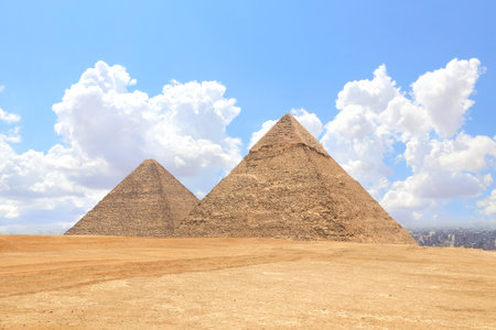Famous Great Pyramids of Chephren and Cheops, Cairo, Egypt. Two of the three Great Pyramids, Giza pyramid complex (Giza Necropolis)の写真素材