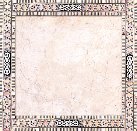 Square backdrop with detail of traditional persian mosaic with mother-of-pearl and stone geometric ornament. Horizontal or vertical background with tile frame. Mock up template. Copy space for textの写真素材