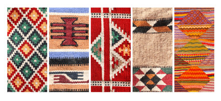 Set of vertical or horizontal banners with textures of berber traditional wool carpet with geometric pattern, Morocco, Africaの写真素材