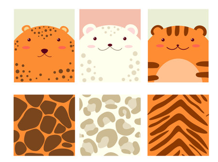 Set of seamless pattern animal skin texture and one print with cute  jaguar, irbis, tiger. Endless texture can be used for textile pattern fills, t-shirt design, web page background. Vector EPS8のイラスト素材