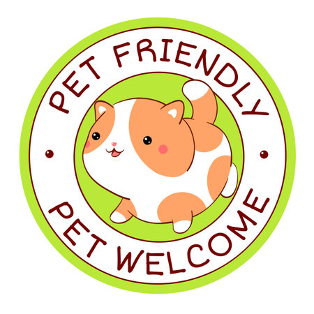 Pet friendly vector label. Stamp or sticker with pet friendly text. Kawaii kitty inside circle. Vet clinic, shop label, sticker. Inscription Pet Welcome. Vector EPS8のイラスト素材