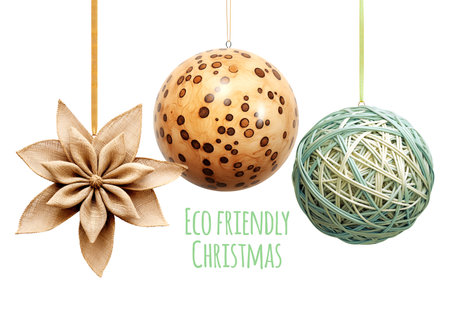 Eco friendly Christmas. Homemade Christmas ornaments made of natural biodegradable materials. Ecology, environmental conservation and zero waste concept. Isolated on white backgroundの写真素材