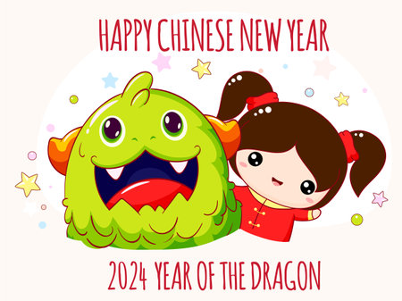Chinese New year card in kawaii style. Cute little girl with baby dragon. Lunar New year holiday card, Gift tag, badge, sticker with baby friends - girl and asian tiny dragon. Vector illustration EPS8のイラスト素材