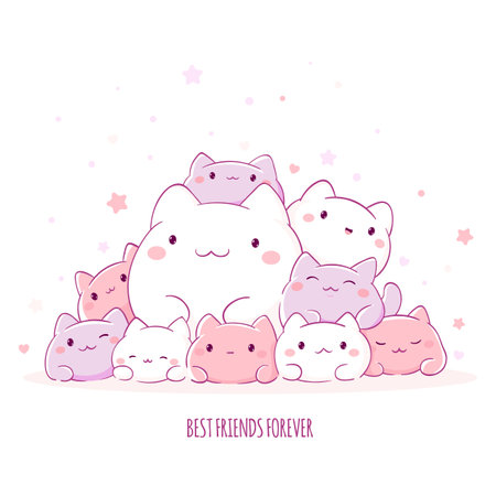 Cute fat kittens in kawaii style. Square card with lovely little cats. Inscription Best friends forever. Can be used for t-shirt print, stickers, greeting card design. Vector illustration EPS8のイラスト素材