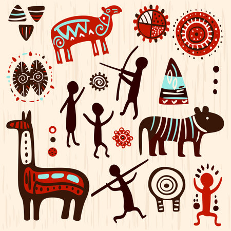 Set with prehistoric rock painting petroglyphs depicting human and animal. Cave art with ancient wild animal, hunter and ornament. Palaeolithic Petroglyphs with hunting scene. Vector illustration EPS8のイラスト素材