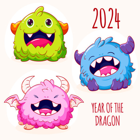 Chinese New year background in kawaii style with two cute baby dragons. Lunar New year card with asian tiny dragon. Can be used for t-shirt print, sticker, greeting card. Vector illustration EPS8のイラスト素材