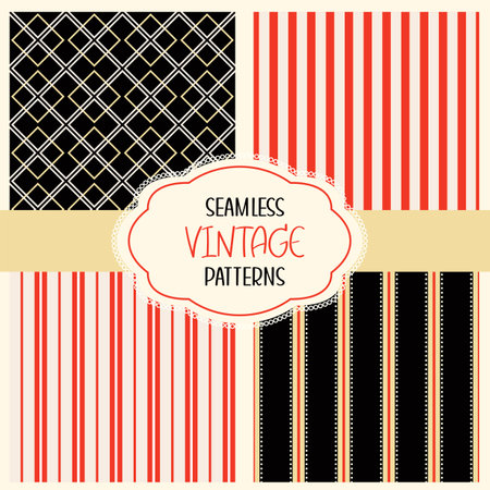Collection of seamless retro style background of black, red, beige color. Endless texture can be used for vintage design, wallpaper, pattern fills, web page background, surface textures. Vector EPS8のイラスト素材