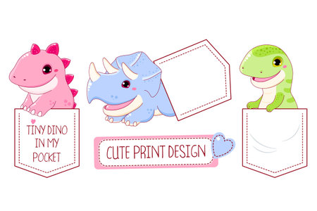 Set of cute dino in pocket. Baby print collection of little smiling cartoon dinosaurios in pockets. Childish print with funny tiny dinos for t-shirt design. Vector illustration EPS8のイラスト素材