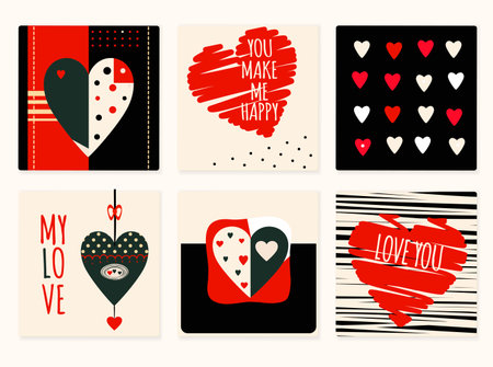 Set of Happy Valentines day and wedding card, banner, background, flyer, placard. Collection of Valentine cards, gift tags, labels or posters templates. Vector background with hearts in vintage colorsのイラスト素材