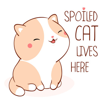 Square card with cute fat cat. Inscription Spoiled cat lives here. Lovely kitty in kawaii style. Can be used for t-shirt print, stickers, greeting card. Vector illustration EPS8のイラスト素材