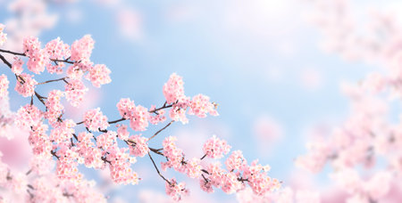 Horizontal banner with sakura flowers of pink color on sunny backdrop. Beautiful nature spring background with a branch of blooming sakura. Sakura blossoming season in Japanの写真素材