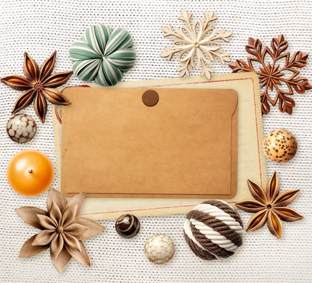 Eco friendly Christmas. Christmas background with retro card, star anise and wooden snowflakes on wool sweater. Copy space for text. Ecology, environmental conservation and zero waste conceptの写真素材