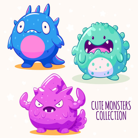 Set of kawaii characters. Little monsters in various poses. Collection of funny happy baby monster. Cute fairytale collection. Vector illustration EPS8のイラスト素材