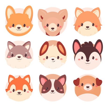 Set of kawaii member icon. Round stickers with cute cartoon dogs. Baby collection of avatar with puppy. Vector illustration EPS8のイラスト素材