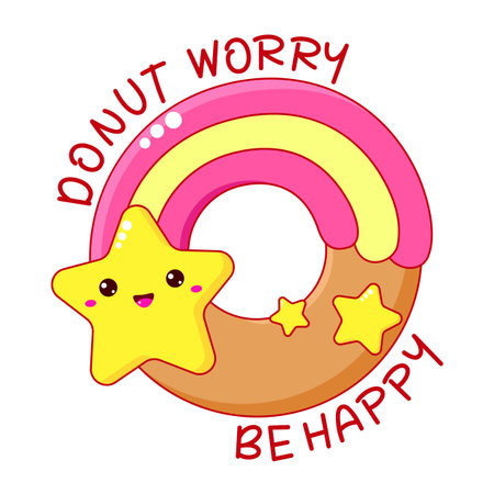 Donut worry be happy t shirt design with cute donut in kawaii style. Funny quote print with donut. Can be used for t-shirt, sticker, mug, greeting card. Vector illustration EPS8のイラスト素材