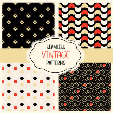 Collection of seamless retro style background of black, red, beige color. Endless texture can be used for vintage design, wallpaper, pattern fills, web page background, surface textures. Vector EPS8のイラスト素材