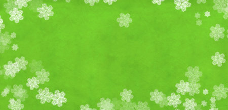 Christmas background with old paper texture of green color and snowflakes. Horizontal xmas banner with retro carton material. Copy space for textの写真素材
