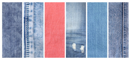 Set of vertical or horizontal banners with denim texture of different colors. Light blue, blue, coral and navy color denim jeans fabric material. Copy space for textの写真素材