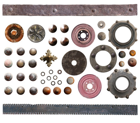 Vintage nail and rivet collection. Set of retro steel screw-nuts,  rusty rivets hardware, old screw, nail head, metal plate and bolt for industrial and steampunk design. Isolated on white backgroundの写真素材