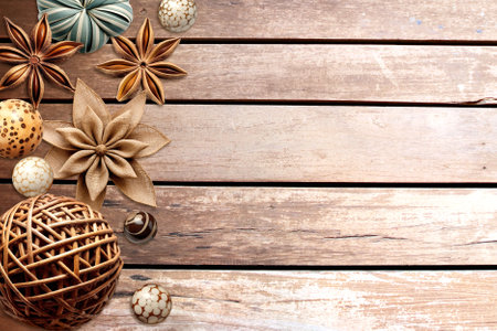 Eco friendly backdrop. Horizontal background with star anise, handmade burlap star and rotang ball on wooden boards. Copy space for text. Ecology, environmental conservation and zero waste conceptの写真素材