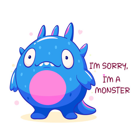 Apologize card with sad cute tiny monster. Inscription I'm sorry, I'm a monster. Cute baby monster apologize. Vector illustration EPS8のイラスト素材