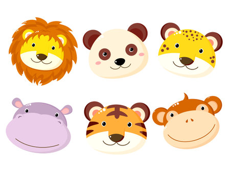 Set of kawaii member icon. Stickers with cute cartoon panda, hippo, lion, leopard, tiger, monkey. Baby collection of avatar with animals. Vector illustration EPS8のイラスト素材
