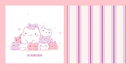 Set of seamless pattern and one print with cute cats in kawaii style. Endless texture can be used for textile pattern fills, t-shirt design, web page background. Best friends forever. Vector EPS8のイラスト素材