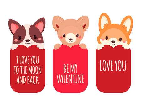 Set of Valentine's day cards with cute dogs. Baby collection of gift tag with animal. Template holiday banner, sticker for decoration, congratulation, invitation. Vector illustration EPS8のイラスト素材
