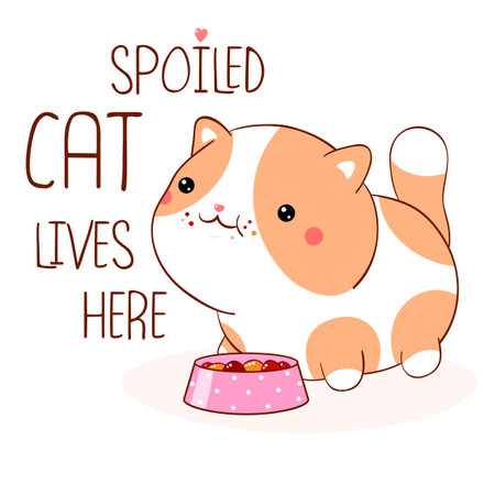 Square card with cute fat cat. Inscription Spoiled cat lives here. Lovely kitty in kawaii style. Can be used for t-shirt print, stickers, greeting card. Vector illustration EPS8のイラスト素材