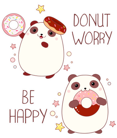 Donut worry be happy t shirt design with cute panda and donut in kawaii style. Funny quote print with pandas and donuts. Can be used for t-shirt, sticker, mug, greeting card. Vector illustration EPS8のイラスト素材