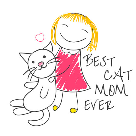 Cat Mom t shirt design with little girl and cute kitty. Sketch in hand drawn style. Pet Mom. Funny quote print with girl and cat. Can be used for sticker, mug, greeting card. Vector illustration EPS8のイラスト素材
