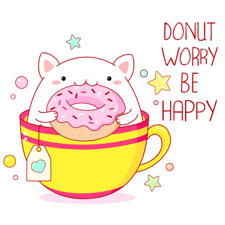 Donut worry be happy t shirt design with cute cat with donut in kawaii style. Funny quote print with kitten in cup. Can be used for t-shirt, sticker, mug, greeting card. Vector illustration EPS8のイラスト素材
