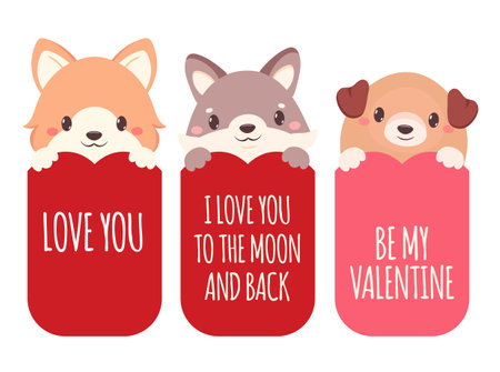 Set of Valentine's day cards with cute dogs. Baby collection of gift tag with animal. Template holiday banner, sticker for decoration, congratulation, invitation. Vector illustration EPS8のイラスト素材