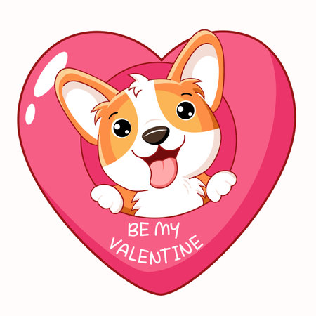 Cute Valentine card in kawaii style. Lovely little corgi puppy with pink heart. Inscription  Be my Valentine. Can be used for t-shirt print, stickers, greeting card design. Vector illustration EPS8のイラスト素材