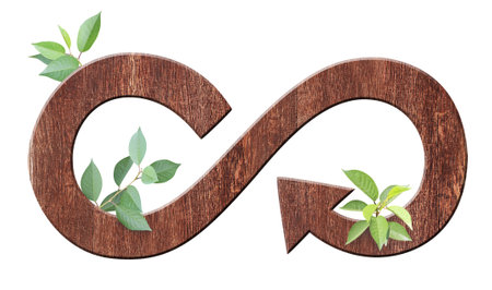 Circular economy symbol from wood with leaves. Sustainable development of strategy approach to zero waste, responsible consumption. Eco-friendly, reuse, renewable resources concept. Isolated on whiteの写真素材